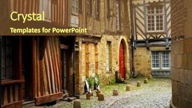  Presentation with medieval - PPT theme enhanced with tudor - medieval street with half-timbered houses background and a tawny brown colored foreground