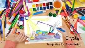  Presentation with cargo transportation - PPT theme featuring tug boat - dry cargo ship with containers background and a coral colored foreground