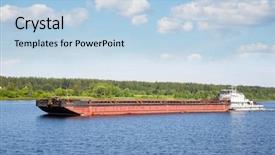  Presentation with boat river - PPT theme consisting of tug boat - river tugboat moves cargo barge background and a light blue colored foreground