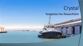  Presentation with seaport - Cool new presentation theme with tug boat - tow ship in harbor backdrop and a light blue colored foreground
