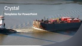  Presentation with boat river - Beautiful presentation theme featuring tug boat - towing a barge down backdrop and a gray colored foreground