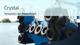  Presentation with river port - Slide set consisting of tug boat with tires background and a cool aqua colored foreground