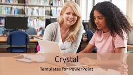  Presentation with college - Amazing slide set having tuition from teacher in library backdrop and a coral colored foreground