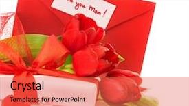 Presentation with gift card envelope - Cool new PPT layouts with tulip bouquet and white gift backdrop and a red colored foreground