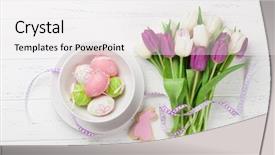  Presentation with greeting card - Slide set enhanced with tulip flowers bouquet easter egg background and a white colored foreground