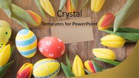  Presentation with holidays - Cool new PPT layouts with tulip flowers over wooden boards backdrop and a gold colored foreground