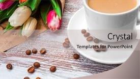  Presentation with wooden board empty table top - Slide deck enhanced with tulips and coffees isolated on a wooden table background and a light gray colored foreground