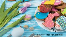  Presentation with gingerbread - Colorful presentation design enhanced with tulips and gingerbread cookies on white and blue wooden background for easter backdrop and a light blue colored foreground