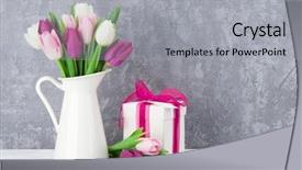  Presentation with purple wall - Presentation theme featuring tulips bouquet and gift box background and a light gray colored foreground