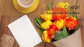  Presentation with colorful flower - PPT theme enhanced with tulips bouquet blank greeting card background and a gold colored foreground