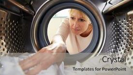  Presentation with china clothes washing machine - Amazing PPT layouts having tumble - woman doing laundry reaching inside backdrop and a light gray colored foreground