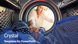  Presentation with china clothes washing machine - Beautiful presentation theme featuring tumble - woman doing laundry reaching inside backdrop and a ocean colored foreground