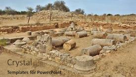  Presentation with house - Slide set enhanced with tumbled columns of the house with the peristyle courtyard in aptera crete greece which was destroyed by earthquake in ad365 background and a coral colored foreground