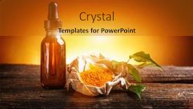  Presentation with essential oil - Theme enhanced with tumeric-powder-spice-on-wooden background and a gold colored foreground