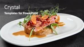  Presentation with appetizers - PPT layouts with tuna-bruschetta-on-white-plate background and a dark gray colored foreground