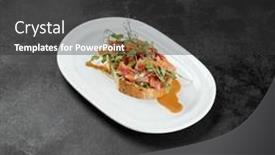  Presentation with appetizers - Presentation consisting of tuna-bruschetta-on-white-plate background and a dark gray colored foreground