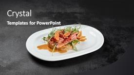  Presentation with appetizers - PPT theme having tuna-bruschetta-on-white-plate background and a dark gray colored foreground