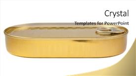  Presentation with canning - Presentation theme having tuna canning - closed gold metal tin isolated background and a  colored foreground