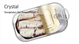  Presentation with sardines - Beautiful PPT theme featuring tuna canning - open can of sardines backdrop and a white colored foreground