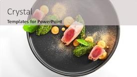  Presentation with haute cuisine - Theme with tuna-fillet-with-stewed-spinach background and a light gray colored foreground