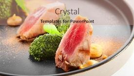  Presentation with haute cuisine - Colorful PPT layouts enhanced with tuna-fillet-with-stewed-spinach backdrop and a coral colored foreground