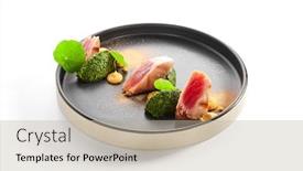  Presentation with haute cuisine - Audience pleasing theme consisting of tuna-fillet-with-stewed-spinach backdrop and a mint green colored foreground