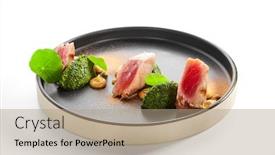  Presentation with haute cuisine - Presentation design consisting of tuna-fillet-with-stewed-spinach background and a coral colored foreground