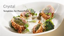  Presentation with main course - Cool new presentation with tuna-in-crispy-breading-close backdrop and a white colored foreground
