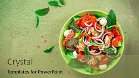  Presentation with mustard greens - Presentation with tuna-salad-with-mozzarella-onions background and a yellow colored foreground