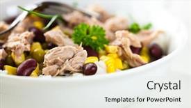  Presentation with rice corn - Audience pleasing theme consisting of tuna salad with rice kidney beans green peas sweet corn and fresh chive home made food symbolic image concept for a tasty and healthy meal white background close up backdrop and a white colored foreground