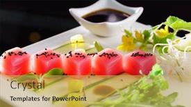  Presentation with white marble plate marble - PPT theme featuring tuna-sashimi-on-the-white background and a yellow colored foreground