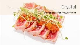  Presentation with tuna - Presentation consisting of tuna-sashimi-on-the-white background and a lemonade colored foreground