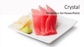  Presentation with cans canned tuna isolated - Amazing slide deck having tuna sashimi with withe plate backdrop and a  colored foreground