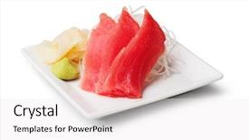  Presentation with white plate - Colorful presentation design enhanced with tuna sashimi with withe plate backdrop and a  colored foreground