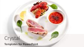  Presentation with salmon grilled fish salmon grilled - Slide set featuring tuna-steak-with-grilled-vegetables background and a lemonade colored foreground