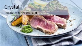  Presentation with tuna - Audience pleasing theme consisting of tuna steak with home fries backdrop and a light blue colored foreground