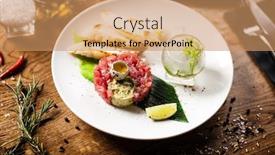  Presentation with modern food - Audience pleasing PPT layouts consisting of tuna-tartare-guacamole-quail-egg backdrop and a coral colored foreground
