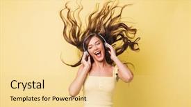  Presentation with teal and yellow music wallpaper - PPT theme featuring tunes - image of cheerful woman 20s background and a blonde colored foreground