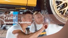  Presentation with repair shop - PPT theme having tunes - two dedicated auto mechanics tuning background and a coral colored foreground