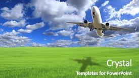  Presentation with airplane engine - Beautiful PPT theme featuring turbine engine - big jet airplane flying above backdrop and a seafoam green colored foreground