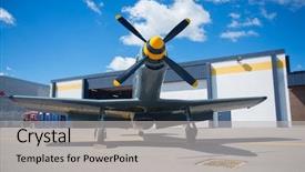  Presentation with hangar - PPT layouts with turboprop aircraft - frontal view of vintage airplane background and a light gray colored foreground