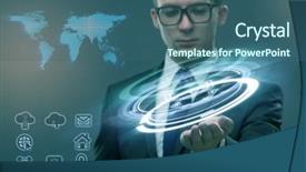  Presentation with business laptops globe - Amazing presentation having turbulence - young bisinesswoman in global business backdrop and a ocean colored foreground