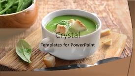  Presentation with spinach - Slide set consisting of tureen with delicious spinach soup on wooden table background and a coral colored foreground