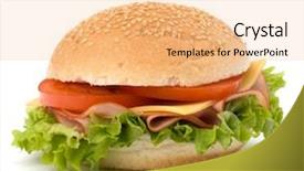  Presentation with container fast food packaging - PPT theme featuring turkey burger - big appetizing fast food sandwich background and a coral colored foreground