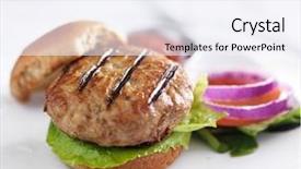  Presentation with spinach lettuce berries mushrooms broccoli - Presentation design with turkey burger on bun background and a sky blue colored foreground