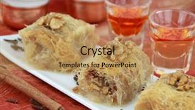  Presentation with dessert kuih ondeh ondeh - Amazing PPT theme having turkey culture - traditional oriental dessert with syrup backdrop and a coral colored foreground