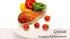  Presentation with turkey - Presentation with turkey leg inside vacuum pack with cherry tomatoes and pepper background and a coral colored foreground