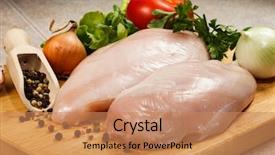  Presentation with raw meat - Beautiful PPT theme featuring turkey meat - raw chicken breasts on cutting backdrop and a coral colored foreground
