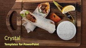  Presentation with kebab - Cool new presentation design with turkish and arabic traditional ramadan adana kebab roll wrap serving with yogurt and hot pepper isolated on wooden background backdrop and a tawny brown colored foreground