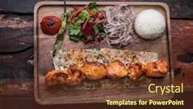  Presentation with kebab - Amazing slide deck having turkish chicken sis kebab with rice and vegetables isolated on rustic wooden table backdrop and a tawny brown colored foreground